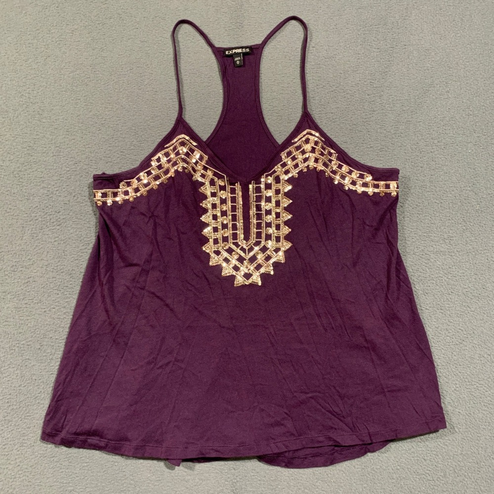 Express Tank Top Womens M Purple Gold Sequin Embroidered Racerback Boho Chic